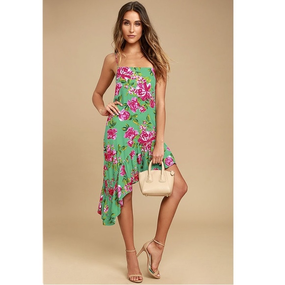Lulu's Green Pink Floral Midi Dress - Picture 2 of 6